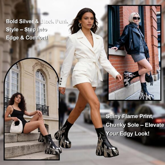 Women Silver Flame Printing Chunky Sole Ankle High Zipper Closure Round Toe Boot - Picture 4 of 8